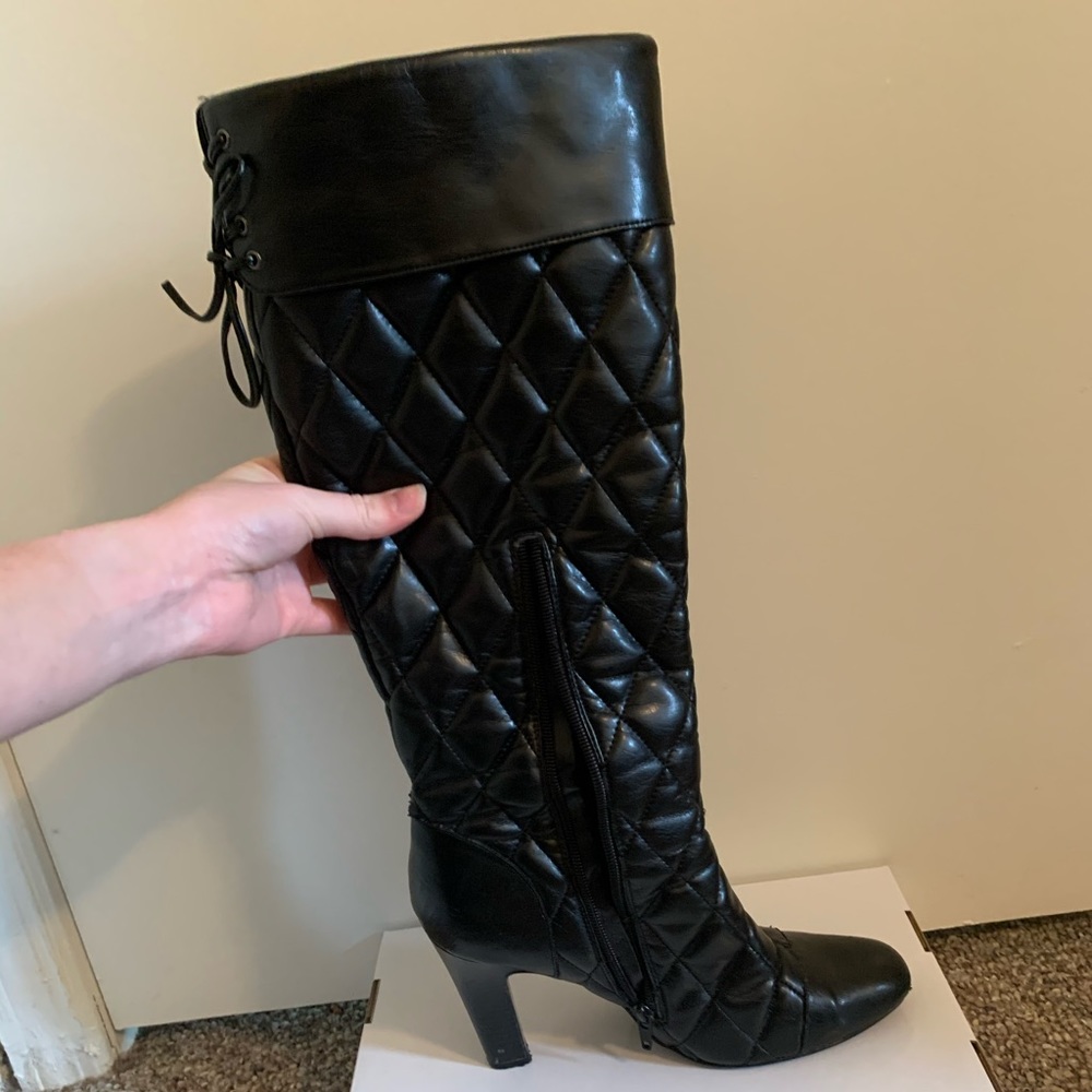 Black Quilted Knee High Heeled Boots